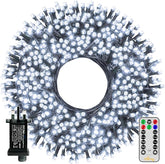 Coiled LED string light with remote control on a white background